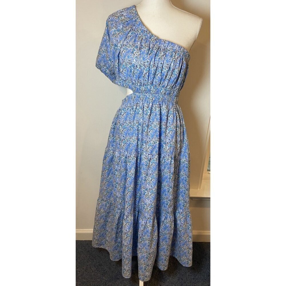 THML Midi Dress One Shoulder Cutout Waist Tiered Blue Floral Size Large L